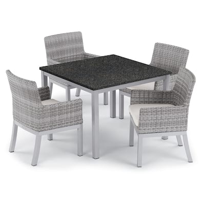Oxford Garden Travira 5-piece 39-inch Lite-Core Dining Table & Argento Resin Wicker Armchair Set - Eggshell White Cushions