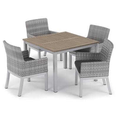 Oxford Garden Travira 5-piece 39-inch Tekwood Vintage Dining Table & Argento Resin Wicker Armchair Set - Jet Black Cushions