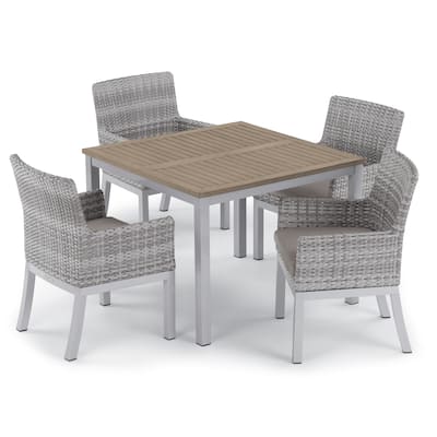 Oxford Garden Travira 5-piece 39-inch Tekwood Vintage Dining Table & Argento Resin Wicker Armchair Set - Stone Cushions