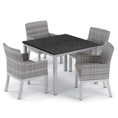 Oxford Garden Travira 5-piece 39-inch Lite-Core Dining Table & Argento Resin Wicker Armchair Set - Stone Cushions