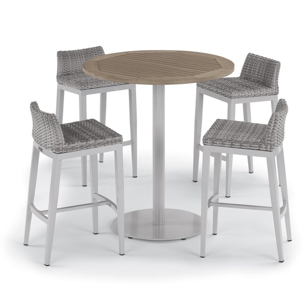 Oxford Garden Travira 5-piece 36-inch Tekwood Vintage Round Bar Table & Argento Resin Wicker Side Rails Bar Stool Set. Opens flyout.