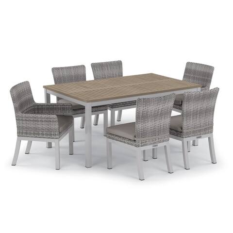 Oxford Garden Travira 7-piece 63-in x 40-in Tekwood Table & Argento Resin Wicker Arm & Side Chair Set - Stone Cushions