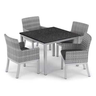 Oxford Garden Travira 5-piece 39-inch Lite-Core Dining Table & Argento Resin Wicker Armchair Set - Jet Black Cushions