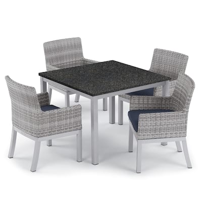 Oxford Garden Travira 5-piece 39-inch Lite-Core Dining Table & Argento Resin Wicker Armchair Set - Midnight Blue Cushions