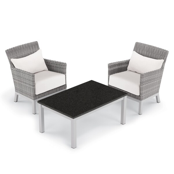 Oxford Garden Argento 3-piece Resin Wicker Club Chair & Travira Lite-Core Coffee Table Set - Eggshell White Cushion & Pillow