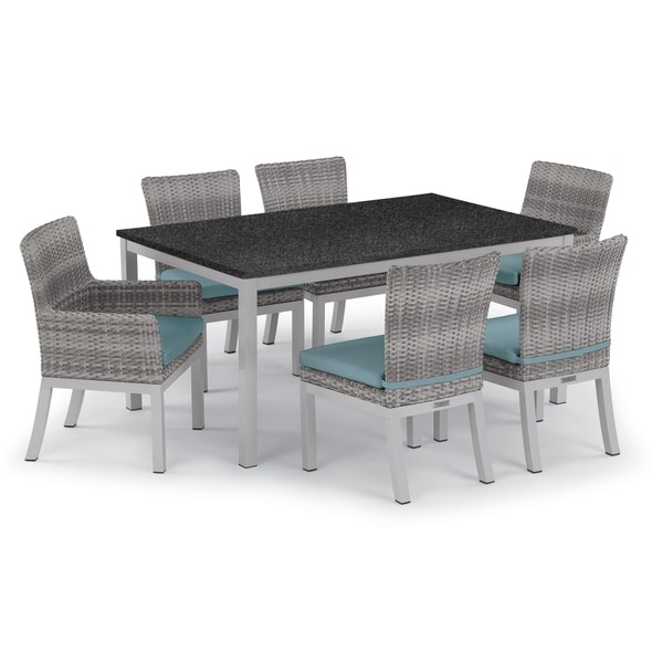 Oxford Garden Travira 7-piece 63-in x 40-in Lite-Core Table & Argento Resin Wicker Arm & Side Chair Set - Ice Blue Cushions