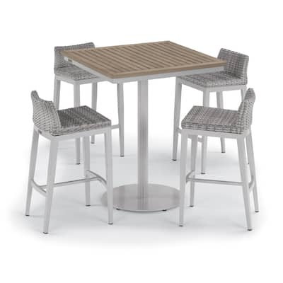 Oxford Garden Travira 5-piece 36-inch Tekwood Vintage Square Bar Table & Argento Resin Wicker Side Rails Bar Stool Set