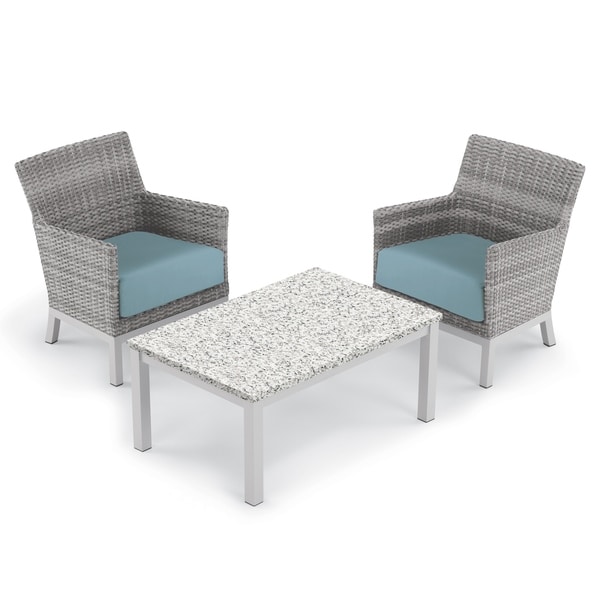 Oxford Garden Argento 3-piece Resin Wicker Club Chair & Travira Lite-Core Ash Coffee Table Set - Ice Blue Cushions