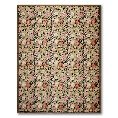 Hand Woven Floral Asmara Needlepoint Aubusson Area Rug - Black/Rose - 9' x 12'