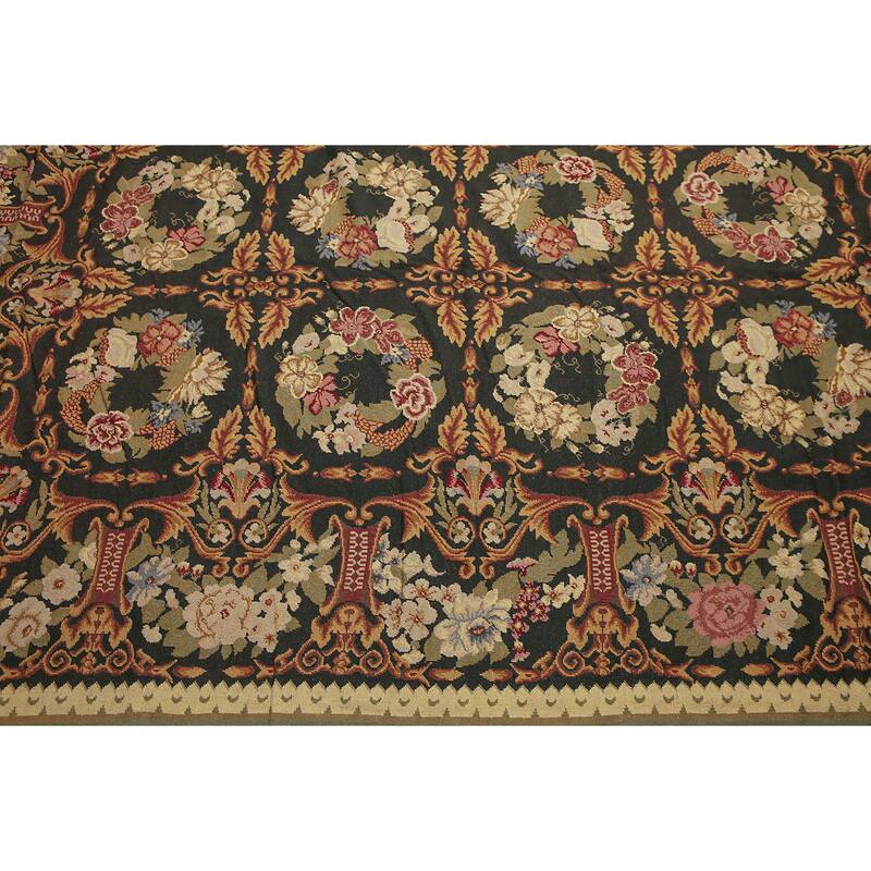 Botanical Classic Asmara Needlepoint Aubusson Area Rug - Black/Gold - 9' x 12'