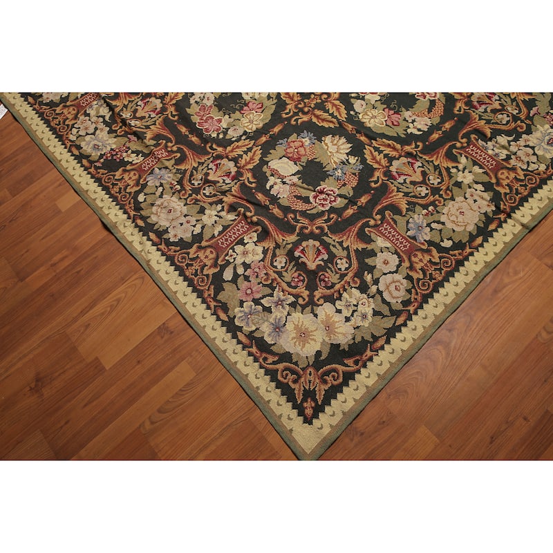 Botanical Classic Asmara Needlepoint Aubusson Area Rug - Black/Gold - 9' x 12'