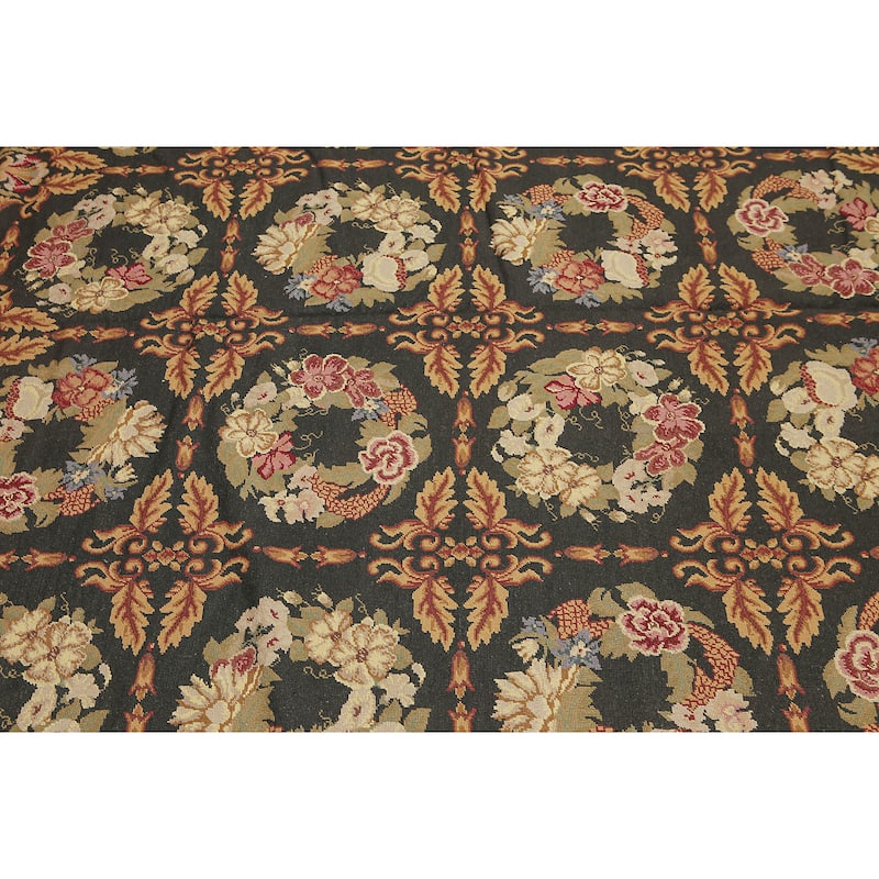 Botanical Classic Asmara Needlepoint Aubusson Area Rug - Black/Gold - 9' x 12'