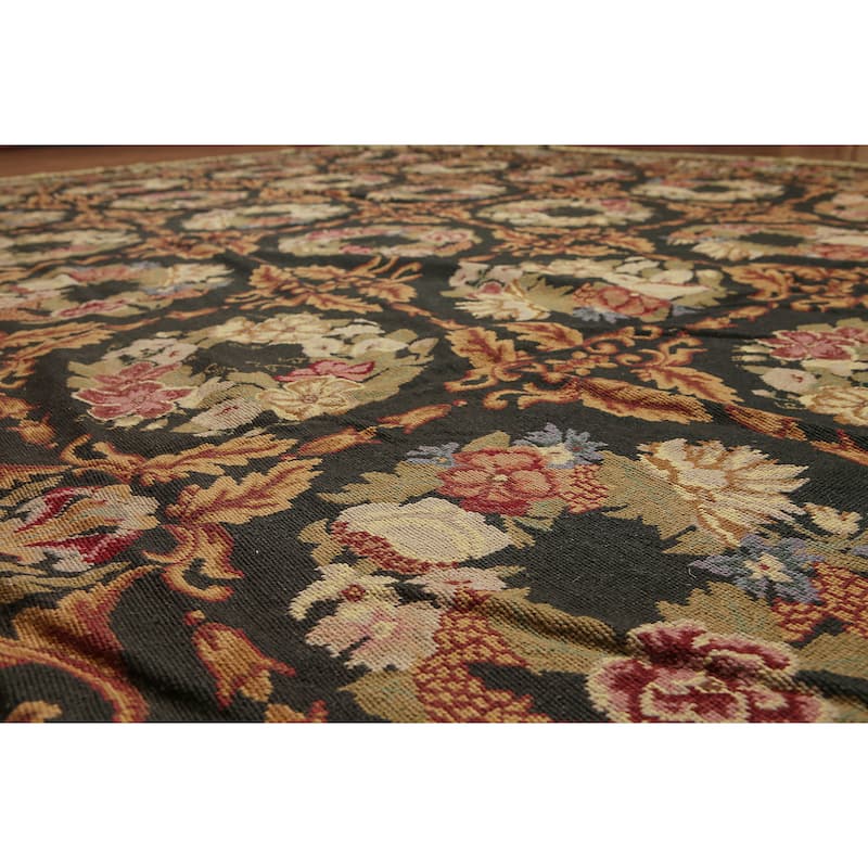 Botanical Classic Asmara Needlepoint Aubusson Area Rug - Black/Gold - 9' x 12'