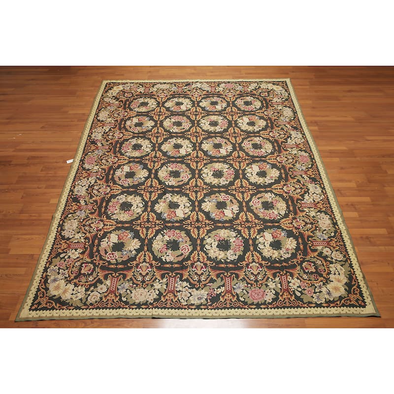 Botanical Classic Asmara Needlepoint Aubusson Area Rug - Black/Gold - 9' x 12'