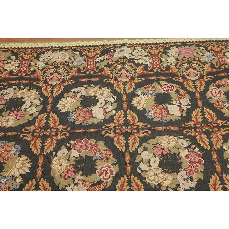 Botanical Classic Asmara Needlepoint Aubusson Area Rug - Black/Gold - 9' x 12'