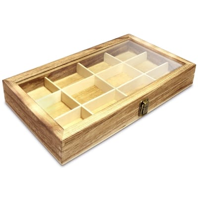 12 Slots Multifunctional Glass Top Wooden Craft Supplies Organizer Jewelry Storage Case with Metal Clasp