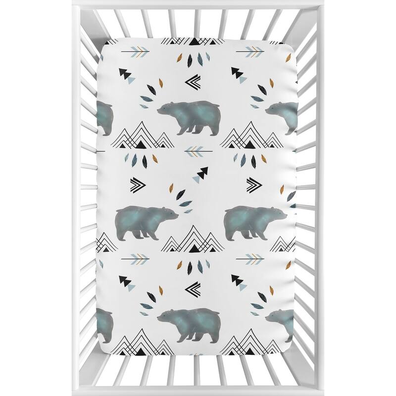 Sweet Jojo Designs Blue White Watercolor Bear Mountain Collection Fitted Mini Portable Crib Sheet