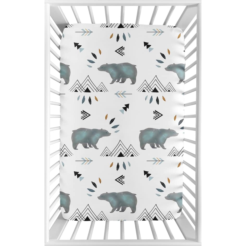 Sweet Jojo Designs Blue White Watercolor Bear Mountain Collection Fitted Mini Portable Crib Sheet