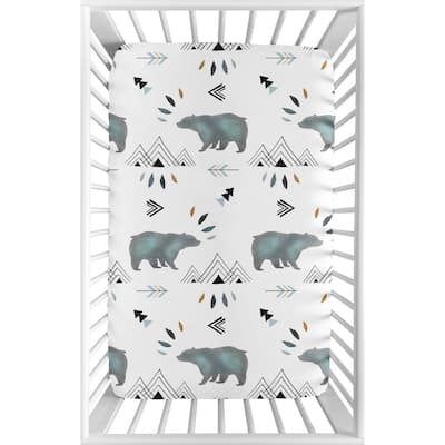 Sweet Jojo Designs Blue White Watercolor Bear Mountain Collection Fitted Mini Portable Crib Sheet