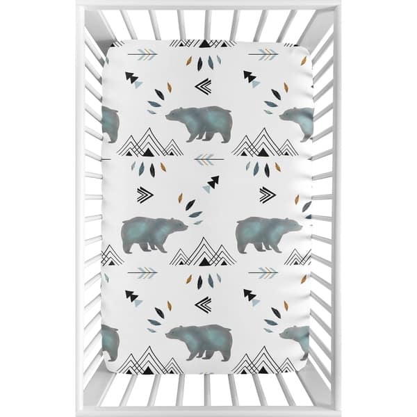 slide 2 of 3, Sweet Jojo Designs Blue White Watercolor Bear Mountain Collection Fitted Mini Portable Crib Sheet