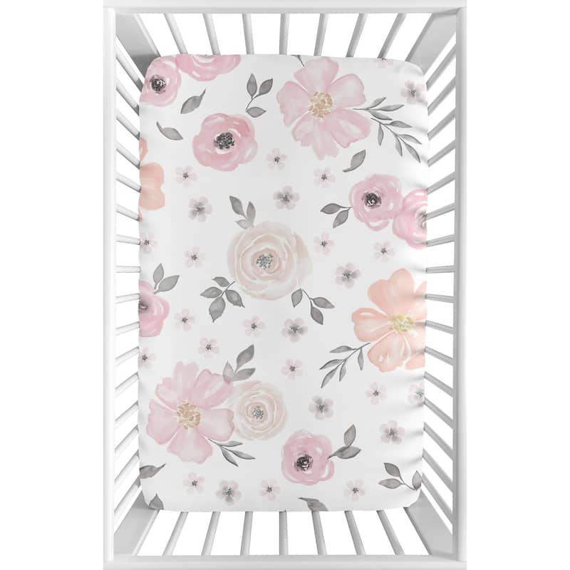 Sweet Jojo Designs Pink and Grey Watercolor Floral Collection Fitted Mini Portable Crib Sheet