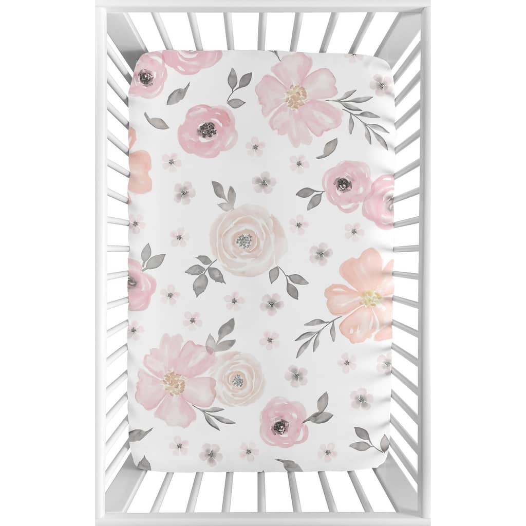 Sweet Jojo Designs Pink and Grey Watercolor Floral Collection Fitted Mini Portable Crib Sheet