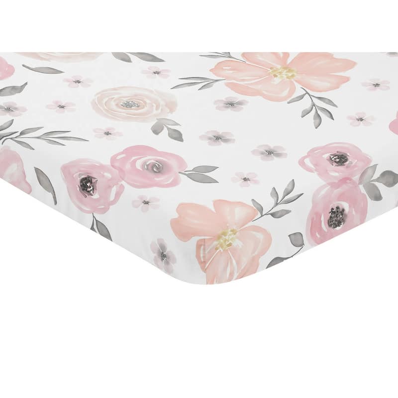 Sweet Jojo Designs Pink and Grey Watercolor Floral Collection Fitted Mini Portable Crib Sheet