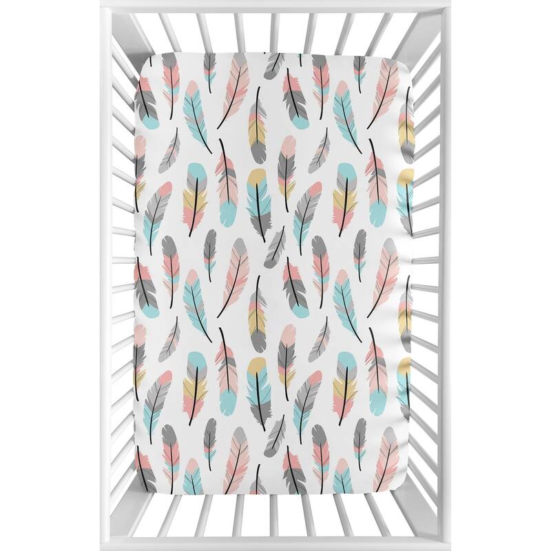 Sweet Jojo Designs Coral and Turquoise Feather Collection Fitted Mini Portable Crib Sheet