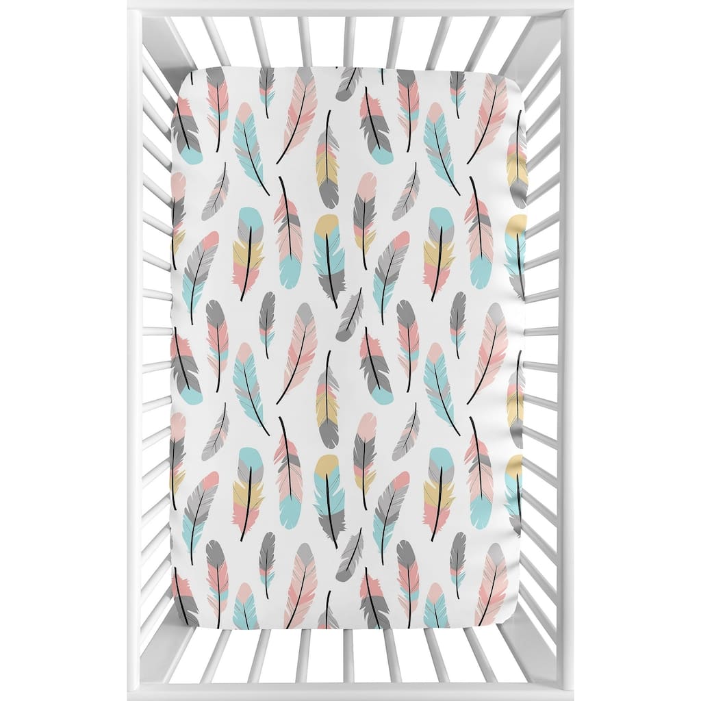 Sweet Jojo Designs Coral and Turquoise Feather Collection Fitted Mini Portable Crib Sheet