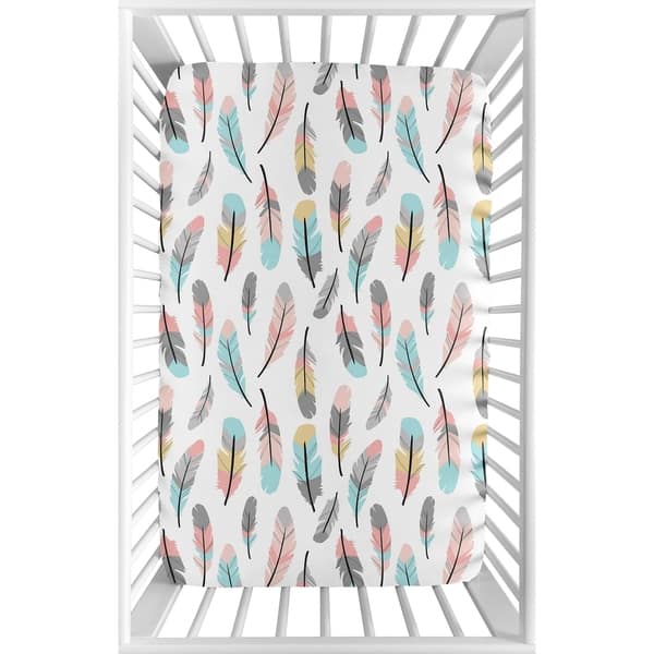 slide 2 of 3, Sweet Jojo Designs Coral and Turquoise Feather Collection Fitted Mini Portable Crib Sheet