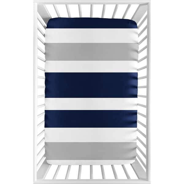 slide 2 of 3, Sweet Jojo Designs Navy Blue and Grey Stripe Collection Fitted Mini Portable Crib Sheet