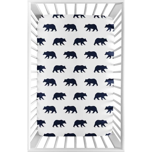slide 2 of 3, Sweet Jojo Designs Navy Blue and White Big Bear Collection Fitted Mini Portable Crib Sheet