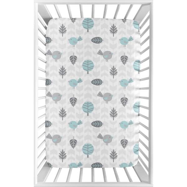 slide 2 of 3, Sweet Jojo Designs Turquoise Blue, Gray and White Bird Earth and Sky Collection Fitted Mini Portable Crib Sheet