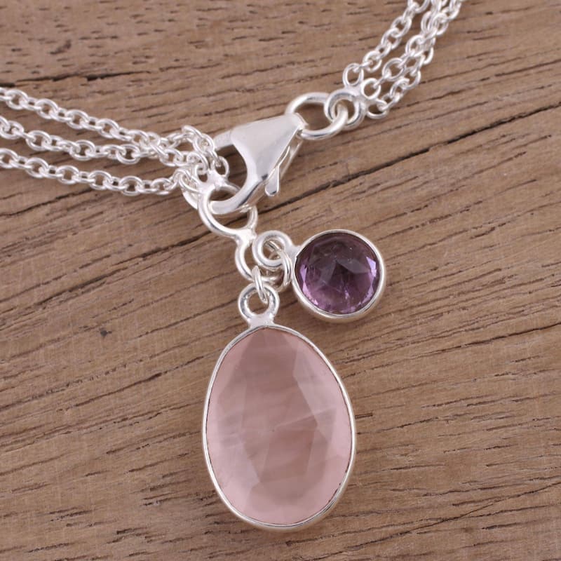 NOVICA Handmade Sterling Silver 'Twinkling Harmony' Rose Quartz Amethyst Bracelet (India)