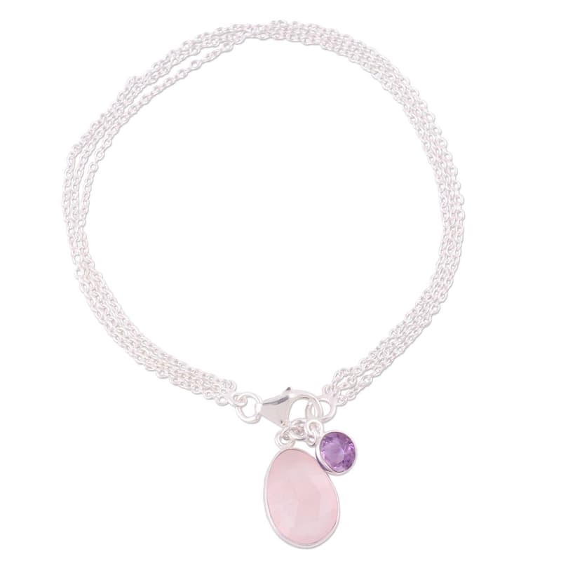 NOVICA Handmade Sterling Silver 'Twinkling Harmony' Rose Quartz Amethyst Bracelet (India) - Pink - 7.5 Inch - Silver - Quartz - White
