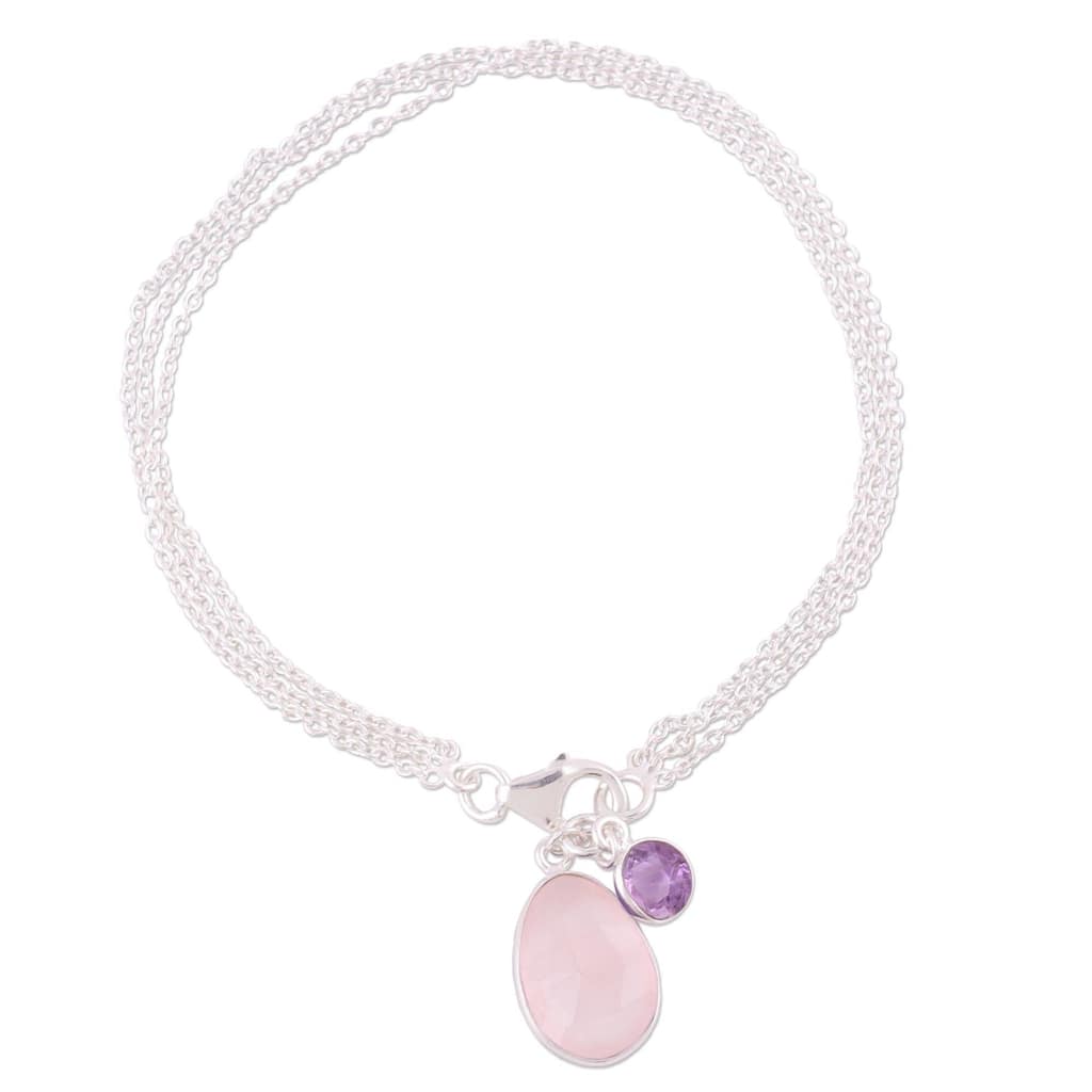NOVICA Handmade Sterling Silver 'Twinkling Harmony' Rose Quartz Amethyst Bracelet (India)