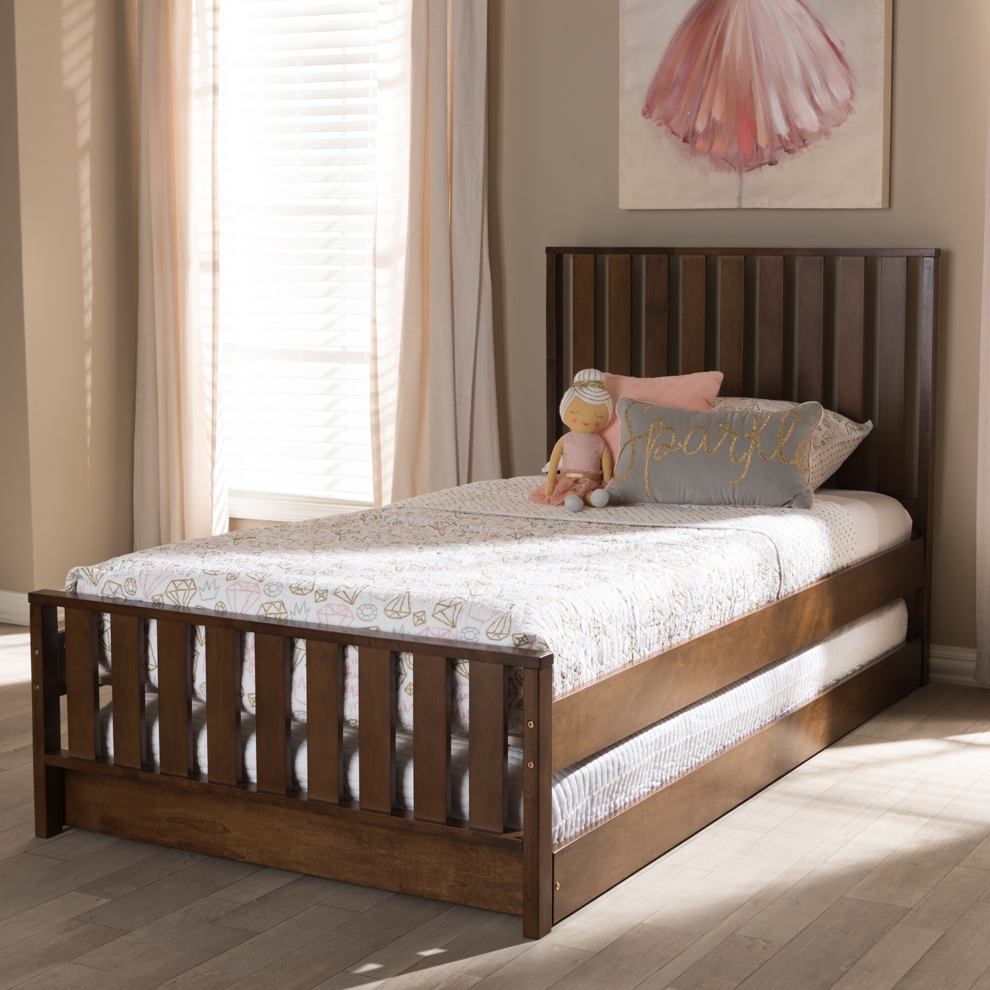 Mission Wood Twin Size Bed with Trundle by Baxton Studio