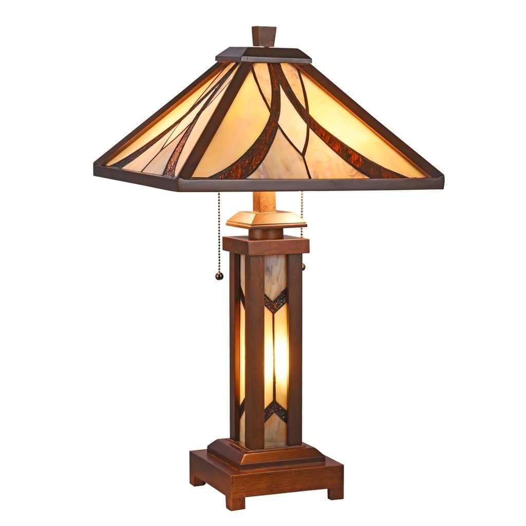 Tiffany Style 2+1-light Double Lit Dark Walnut Table Lamp