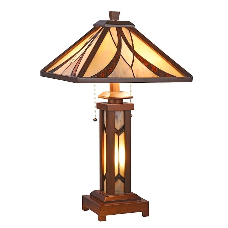 Tiffany Style 2+1-light Double Lit Dark Walnut Table Lamp