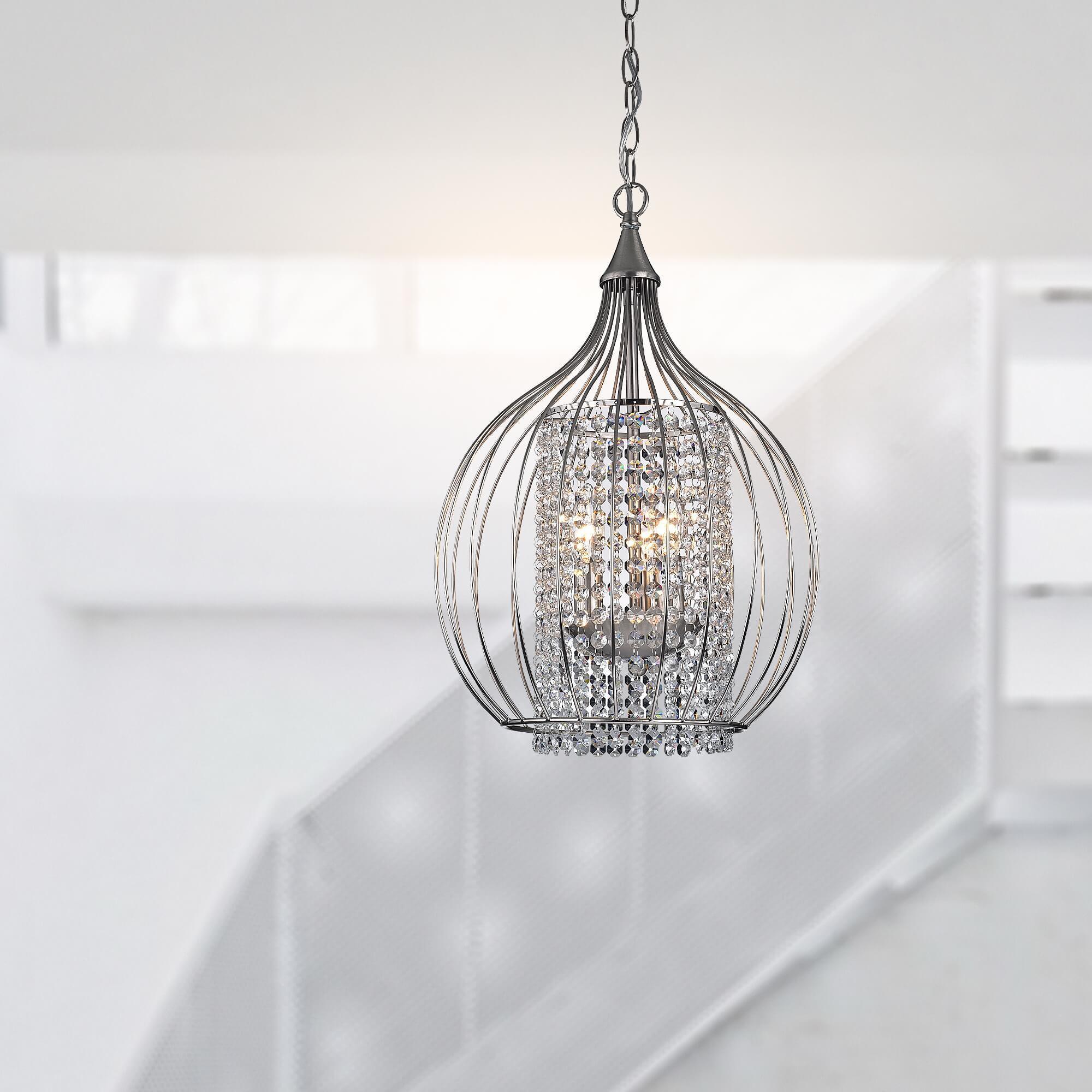 Compact Satin Nickel and Crystal Pendant Chandelier (Satin Nickel, Crystal Pendant Chandelier) - Chandeliers For Bedrooms by Overstock.com