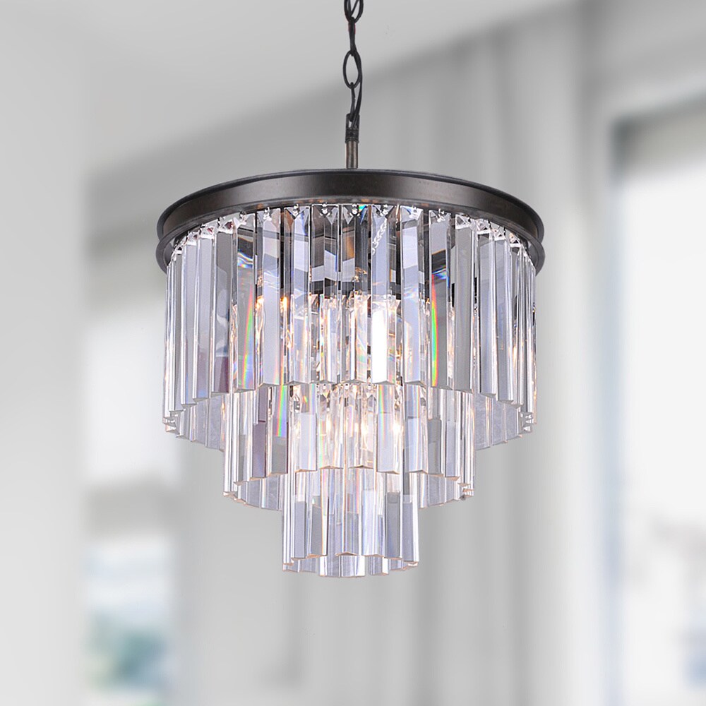 Justina 5-light Antique Bronze 3-tier Chandelier with Crystal Glass Prisms (Antique Bronze, 3-tier Chandelier) - Chandeliers For Bedrooms by Overstock.com