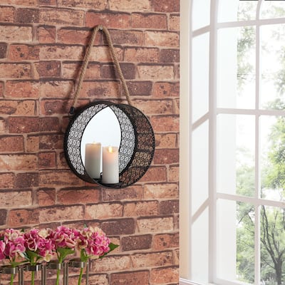 Danya B Round Mirror Pillar Candle Sconce with Fil