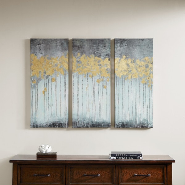 Copper Grove Corydalis Grey Forest Grey Gel Coat Canvas with Gold Foil Embellishment 3-piece Set