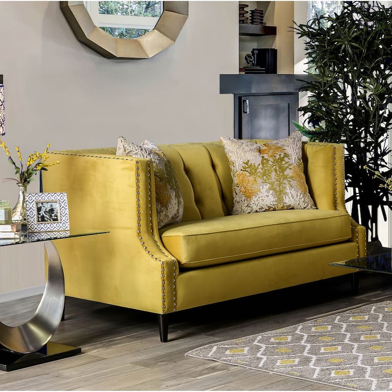 Nall Transitional Fabric Tufted Tuxedo Loveseat by Furniture of America - Royal Yellow
