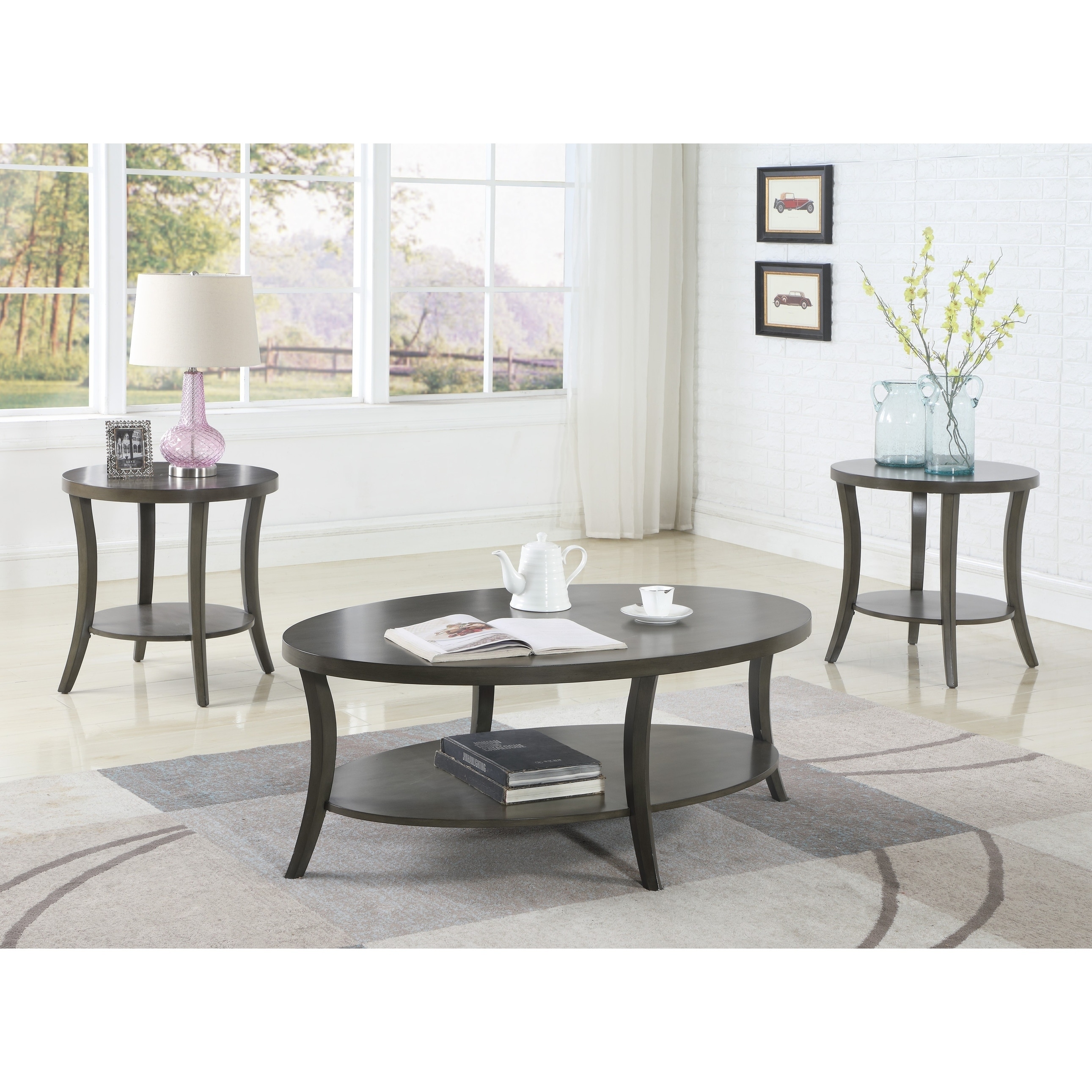 Roundhill Furniture Perth Contemporary Oval Shelf Coffee Table Set, Gray