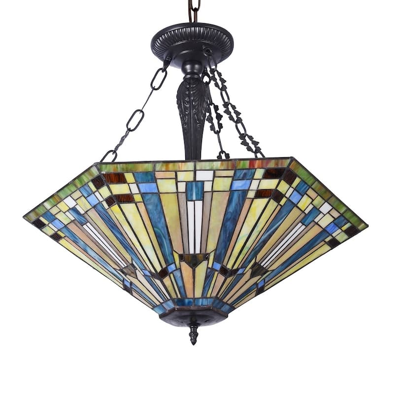 Tiffany Style 3-light Blackish Bronze/Art Glass Inverted Pendant