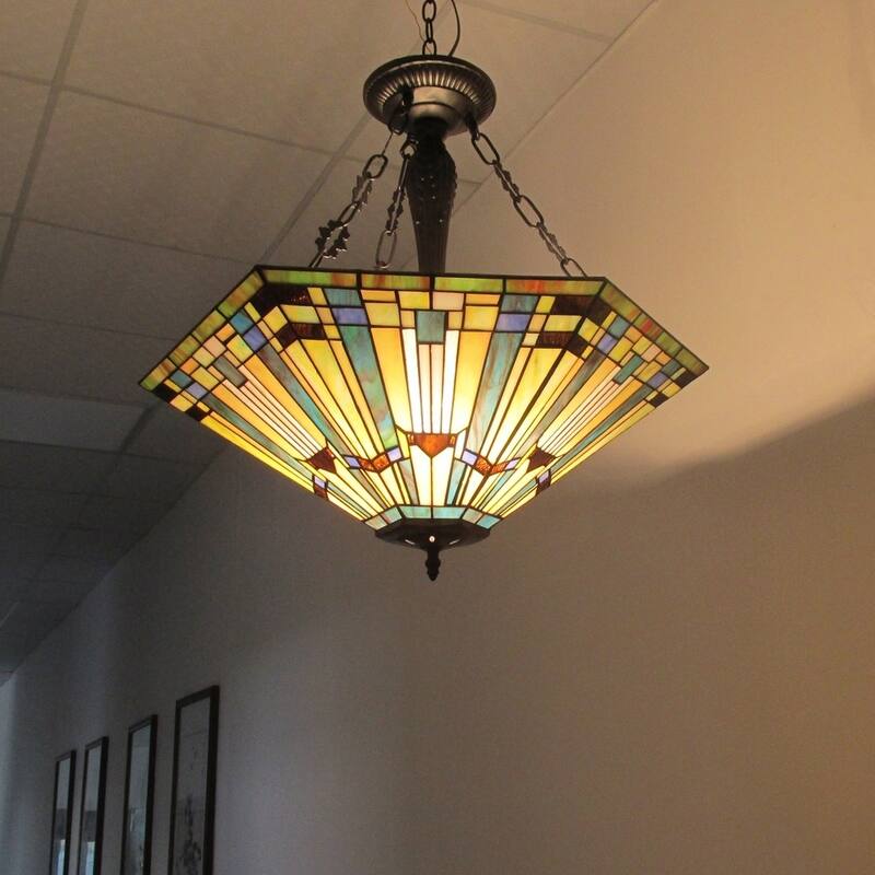 Tiffany Style 3-light Blackish Bronze/Art Glass Inverted Pendant