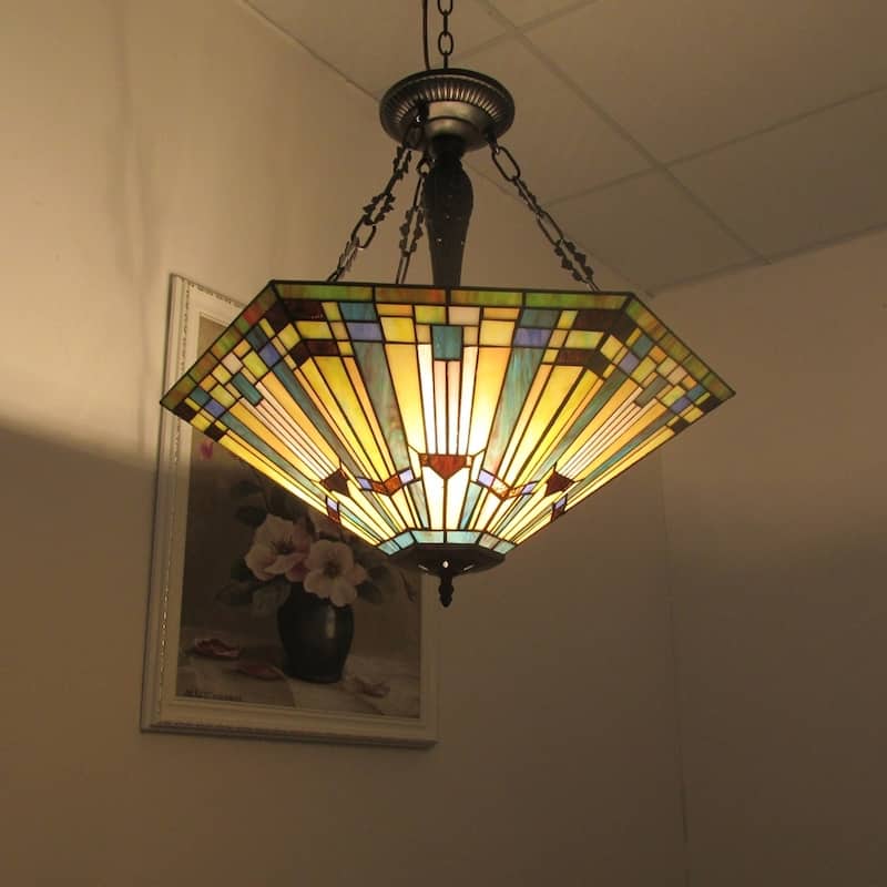 Tiffany Style 3-light Blackish Bronze/Art Glass Inverted Pendant