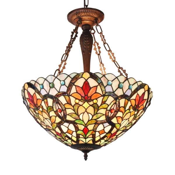 Tiffany Style 3-light Dark Antique Bronze/Art Glass Inverted