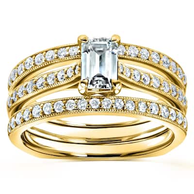 Annello by Kobelli 14k Gold 1 1/6ct TGW Emerald Moissanite and Diamond Euro-Band Trellis Bridal Set (GH/VS, GH/I)